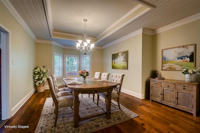 dining space featuring baseboards, an inviting chandelier, dark wood-style floors, and a raised ceiling