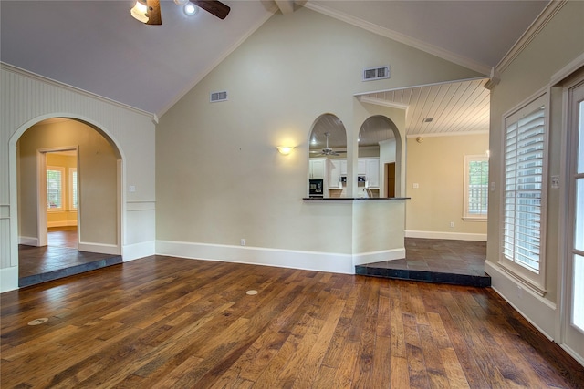 unfurnished living room featuring dark wood-style flooring, visible vents, and ceiling fan
