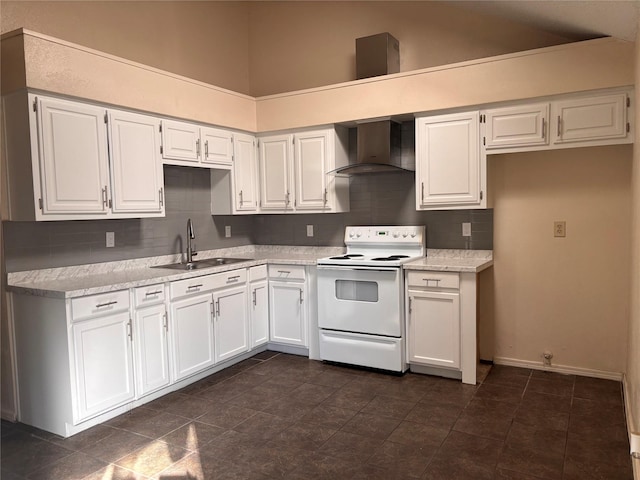2505 Montclair Ln, Mesquite, TX 75150 - kitchen with a sink, white range with electric cooktop, backsplash, and wall chimney exhaust hood