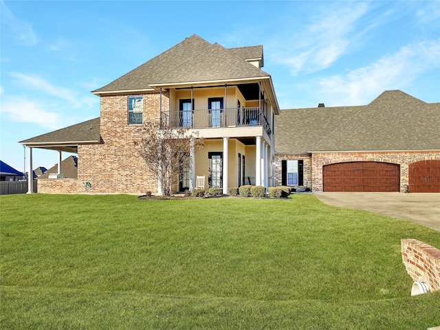 view of front of property featuring roof with shingles, a front lawn, a balcony, an attached garage, and driveway