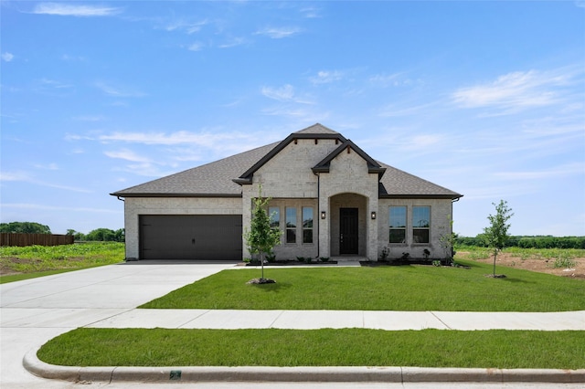 2413 Rams Horn, Waxahachie, TX 75167 - french country home with driveway, a shingled roof, a front yard, brick siding, and a garage