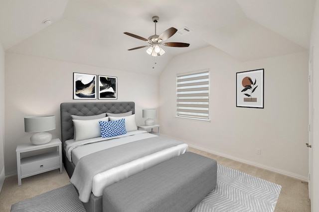 14662 Gentle Breeze Rd, Frisco, TX 75035 - bedroom with visible vents, ceiling fan, light carpet, and lofted ceiling