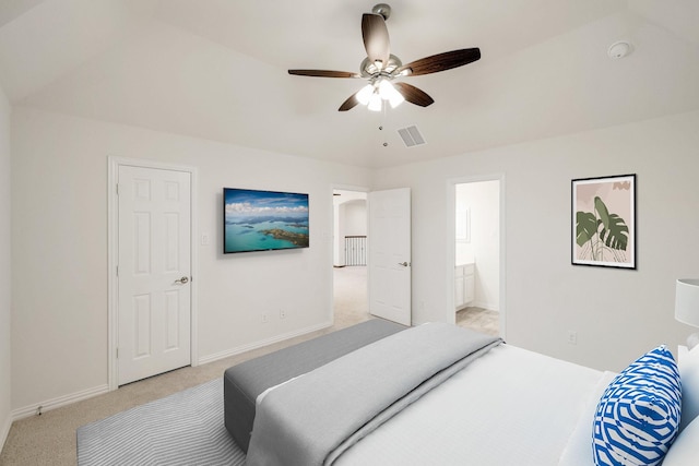 14662 Gentle Breeze Rd, Frisco, TX 75035 - bedroom featuring baseboards, light carpet, connected bathroom, visible vents, and ceiling fan