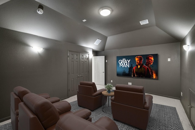 14662 Gentle Breeze Rd, Frisco, TX 75035 - carpeted home theater featuring visible vents, baseboards, and lofted ceiling
