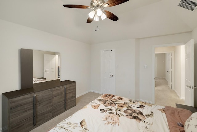 14662 Gentle Breeze Rd, Frisco, TX 75035 - bedroom featuring lofted ceiling, baseboards, visible vents, ceiling fan, and light colored carpet