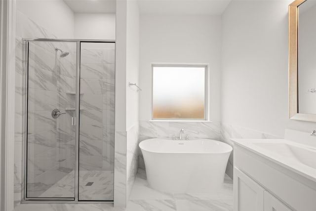 2297 High Plain Ln, Waxahachie, TX 75167 - full bath featuring a shower stall, marble finish flooring, a freestanding bath, and vanity