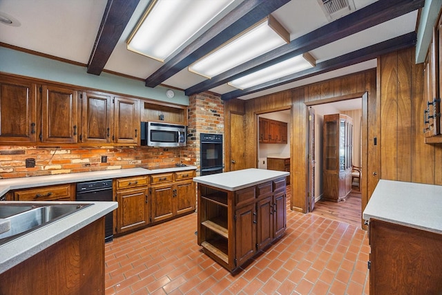 kitchen featuring brick floor, black appliances, and open shelves