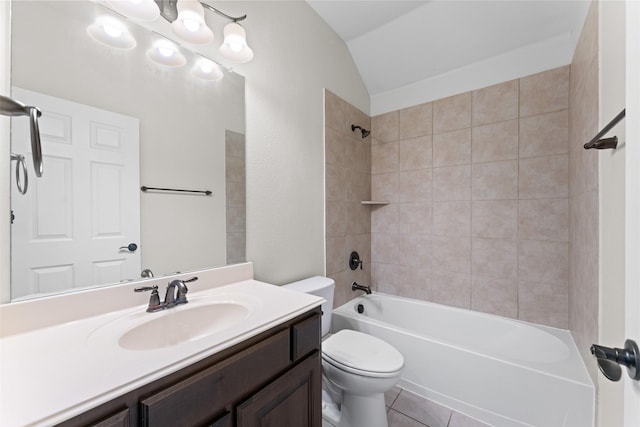 109 Joplin Dr, Mckinney, TX 75071 - full bathroom with toilet, shower / bathing tub combination, vanity, tile patterned floors, and lofted ceiling