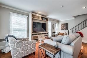 living room with baseboards, dark wood finished floors, and stairway