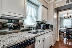 kitchen with an inviting chandelier, dishwashing machine, ornamental molding, white cabinetry, and a sink