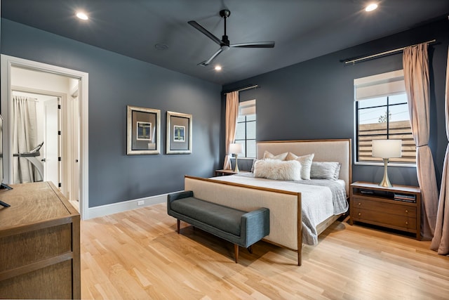 7158 Pasadena Ave, Dallas, TX 75214 - bedroom featuring light wood-style floors, multiple windows, baseboards, ceiling fan, and recessed lighting