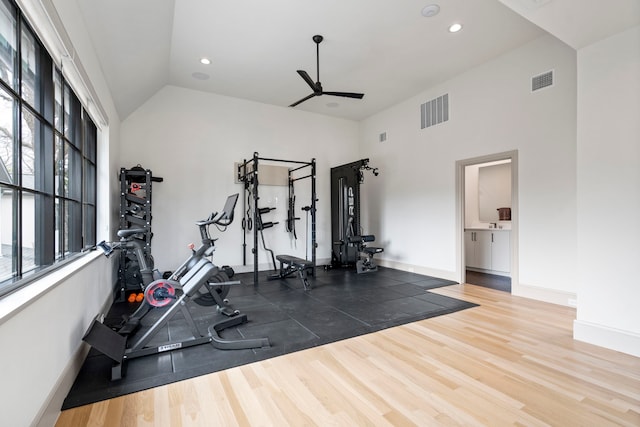 7158 Pasadena Ave, Dallas, TX 75214 - workout area featuring a ceiling fan, wood finished floors, high vaulted ceiling, baseboards, and recessed lighting