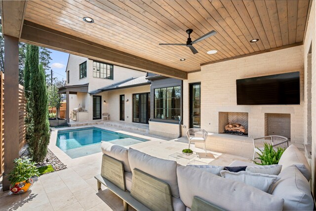 7158 Pasadena Ave, Dallas, TX 75214 - outdoor pool with an outdoor living space with a fireplace, a patio, and ceiling fan