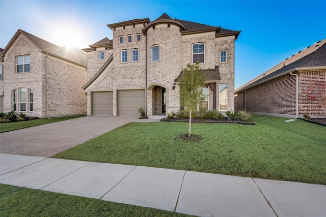 1108 Silverthorn Trl, Justin, TX 76247 - french country style house with brick siding, driveway, a front lawn, and a garage