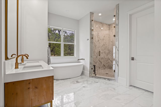 1190 Emerald Sound Blvd, Oak Point, TX 75068 - bathroom featuring a freestanding bath, a shower stall, vanity, and marble finish floors