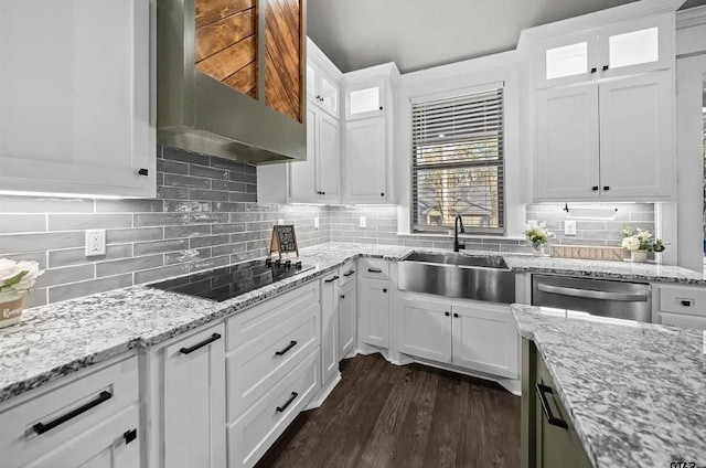 12908 County Road 463, Tyler, TX 75706 - kitchen with a sink, wall chimney range hood, black electric stovetop, dark wood-type flooring, and backsplash