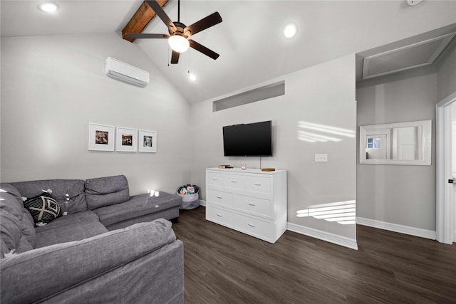 12908 County Road 463, Tyler, TX 75706 - living area with a ceiling fan, vaulted ceiling with beams, a wall mounted air conditioner, baseboards, and dark wood-style floors