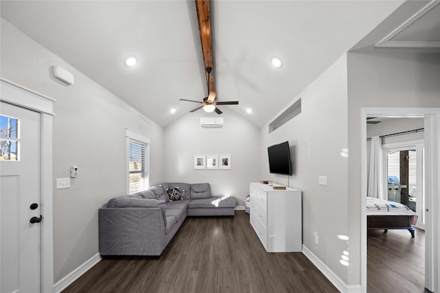 12908 County Road 463, Tyler, TX 75706 - living room featuring baseboards, lofted ceiling with beams, dark wood finished floors, and plenty of natural light