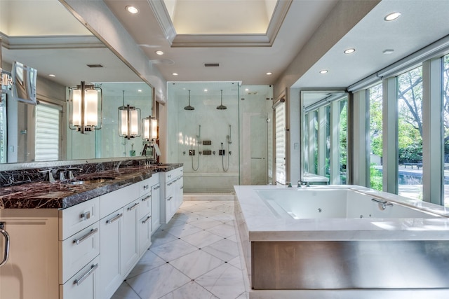 10989 Crooked Creek Dr, Dallas, TX 75229 - full bathroom featuring a stall shower, a jetted tub, vanity, and recessed lighting