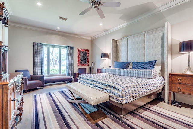 10989 Crooked Creek Dr, Dallas, TX 75229 - bedroom with wood finished floors, recessed lighting, ornamental molding, and a ceiling fan