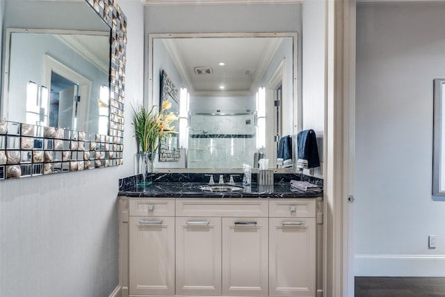 10989 Crooked Creek Dr, Dallas, TX 75229 - full bath with ornamental molding, a shower stall, and vanity