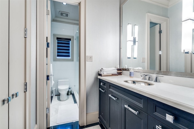 10989 Crooked Creek Dr, Dallas, TX 75229 - full bath with toilet, vanity, ornamental molding, and a shower
