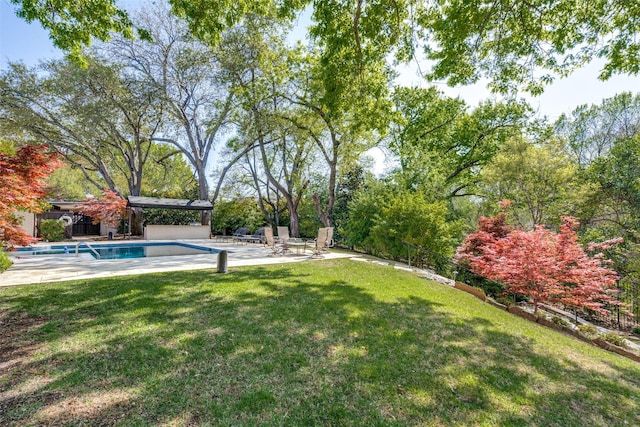 10989 Crooked Creek Dr, Dallas, TX 75229 - view of grassy yard with an outdoor pool and a patio