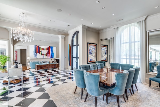 10989 Crooked Creek Dr, Dallas, TX 75229 - dining area with crown molding, recessed lighting, a chandelier, and ornate columns
