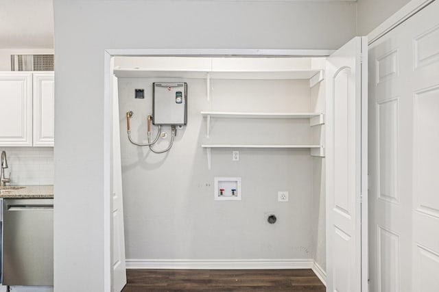 716 Meadow Mead Dr, Allen, TX 75002 - laundry area featuring electric dryer hookup, washer hookup, dark wood-style flooring, baseboards, and water heater