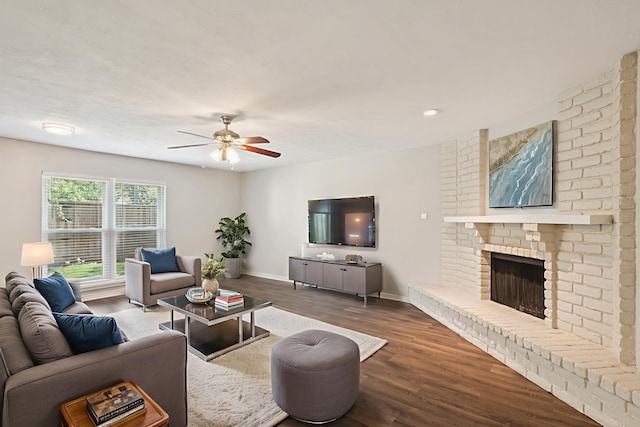 716 Meadow Mead Dr, Allen, TX 75002 - living room featuring wood finished floors, a ceiling fan, baseboards, a fireplace, and recessed lighting