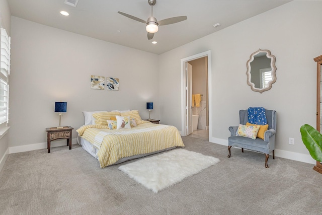 carpeted bedroom featuring connected bathroom, visible vents, baseboards, recessed lighting, and a ceiling fan
