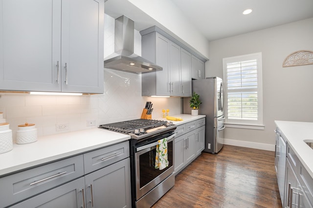 kitchen with wall chimney exhaust hood, baseboards, backsplash, gray cabinetry, and appliances with stainless steel finishes