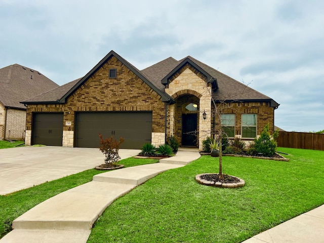 view of front facade with concrete driveway, roof with shingles, stone siding, a front lawn, and an attached garage