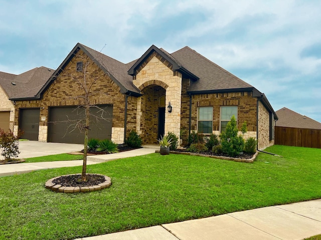 view of front of property featuring a garage, stone siding, a front lawn, brick siding, and driveway
