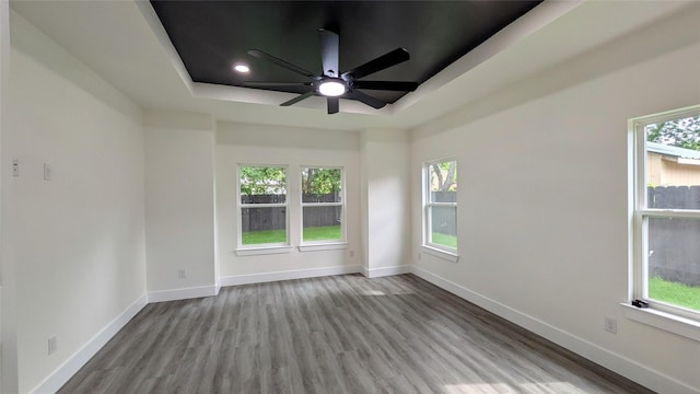 5629 Lester Granger, Fort Worth, TX 76112 - unfurnished room featuring a tray ceiling, a ceiling fan, wood finished floors, and healthy amount of natural light