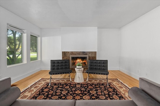 living room with a premium fireplace, wood finished floors, and baseboards