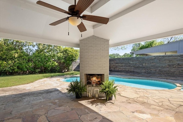 3848 S Drive, Fort Worth, TX 76109 - view of patio featuring an outdoor brick fireplace, ceiling fan, and fence