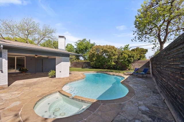 3848 S Drive, Fort Worth, TX 76109 - view of pool featuring a patio, a fenced backyard, ceiling fan, and a pool with connected hot tub