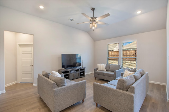 3908 Rochelle St, Celina, TX 75009 - living room featuring a ceiling fan, lofted ceiling, wood finished floors, and recessed lighting