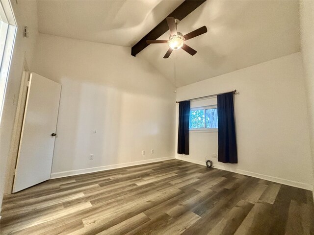 13633 Weald Green St, Dallas, TX 75240 - empty room with beam ceiling, a ceiling fan, wood finished floors, baseboards, and high vaulted ceiling
