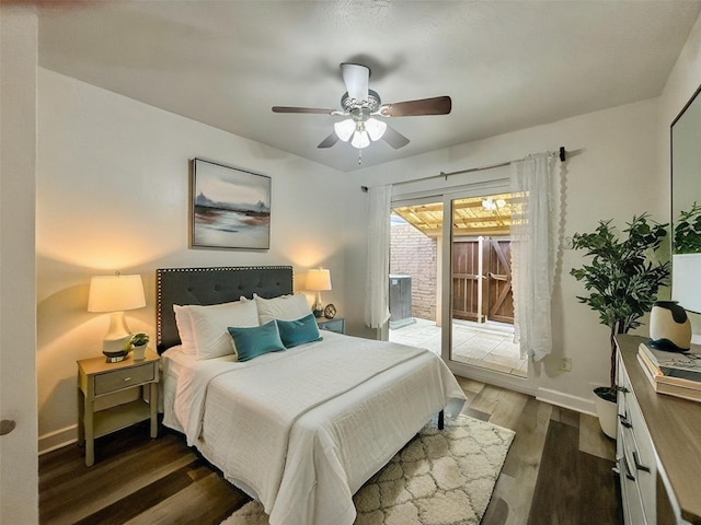13633 Weald Green St, Dallas, TX 75240 - bedroom with access to outside, baseboards, dark wood-style flooring, and ceiling fan