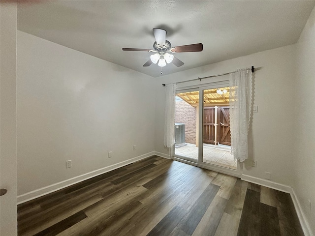 13633 Weald Green St, Dallas, TX 75240 - empty room featuring baseboards, dark wood-type flooring, and a ceiling fan