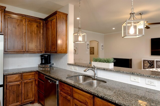 1664 Laramie Ln, Burleson, TX 76028 - kitchen featuring dark stone counters, dishwasher, and a sink