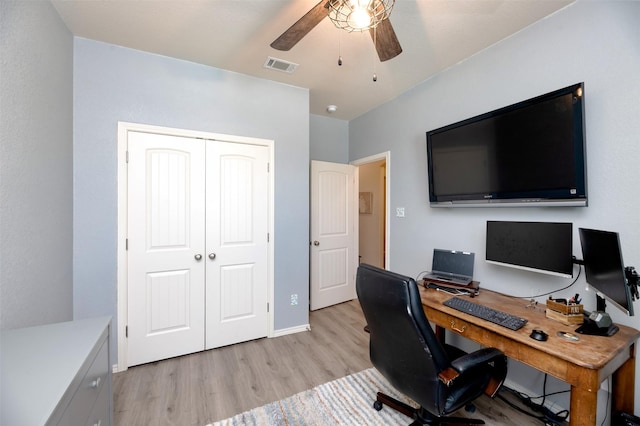 1664 Laramie Ln, Burleson, TX 76028 - home office with light wood finished floors, visible vents, and a ceiling fan