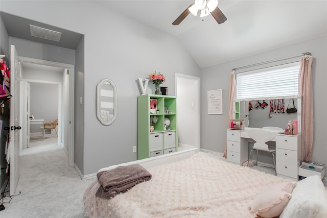 bedroom with carpet, ceiling fan, baseboards, lofted ceiling, and visible vents