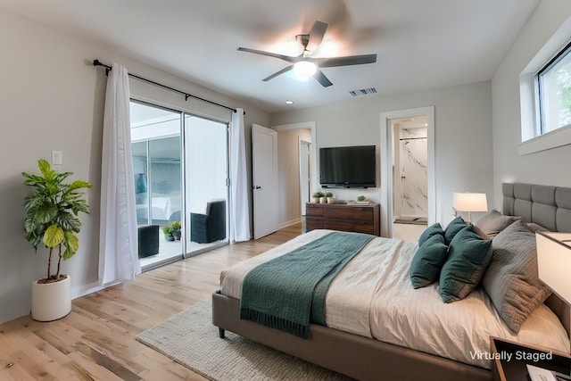 3124 Merrell Rd, Dallas, TX 75229 - bedroom with access to outside, light wood finished floors, ensuite bath, a ceiling fan, and baseboards