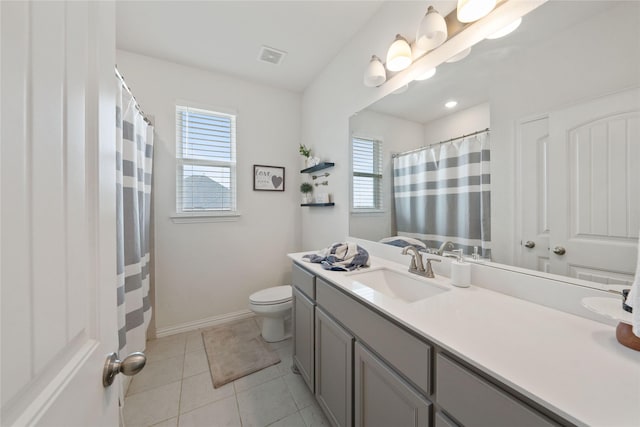 5017 Freestone Dr, Weatherford, TX 76085 - full bathroom featuring toilet, visible vents, baseboards, tile patterned flooring, and vanity
