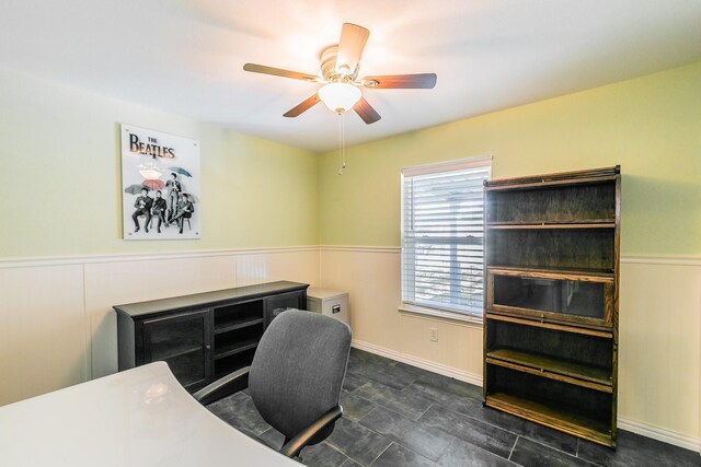 7820 Prairie Dr, Watauga, TX 76148 - home office featuring a wainscoted wall and ceiling fan