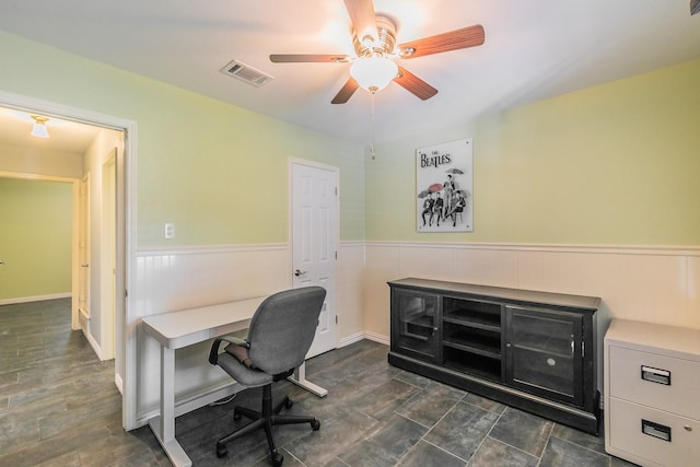 7820 Prairie Dr, Watauga, TX 76148 - home office with a wainscoted wall and ceiling fan