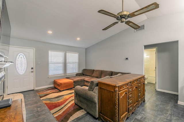 7820 Prairie Dr, Watauga, TX 76148 - living room with vaulted ceiling, a ceiling fan, baseboards, and recessed lighting